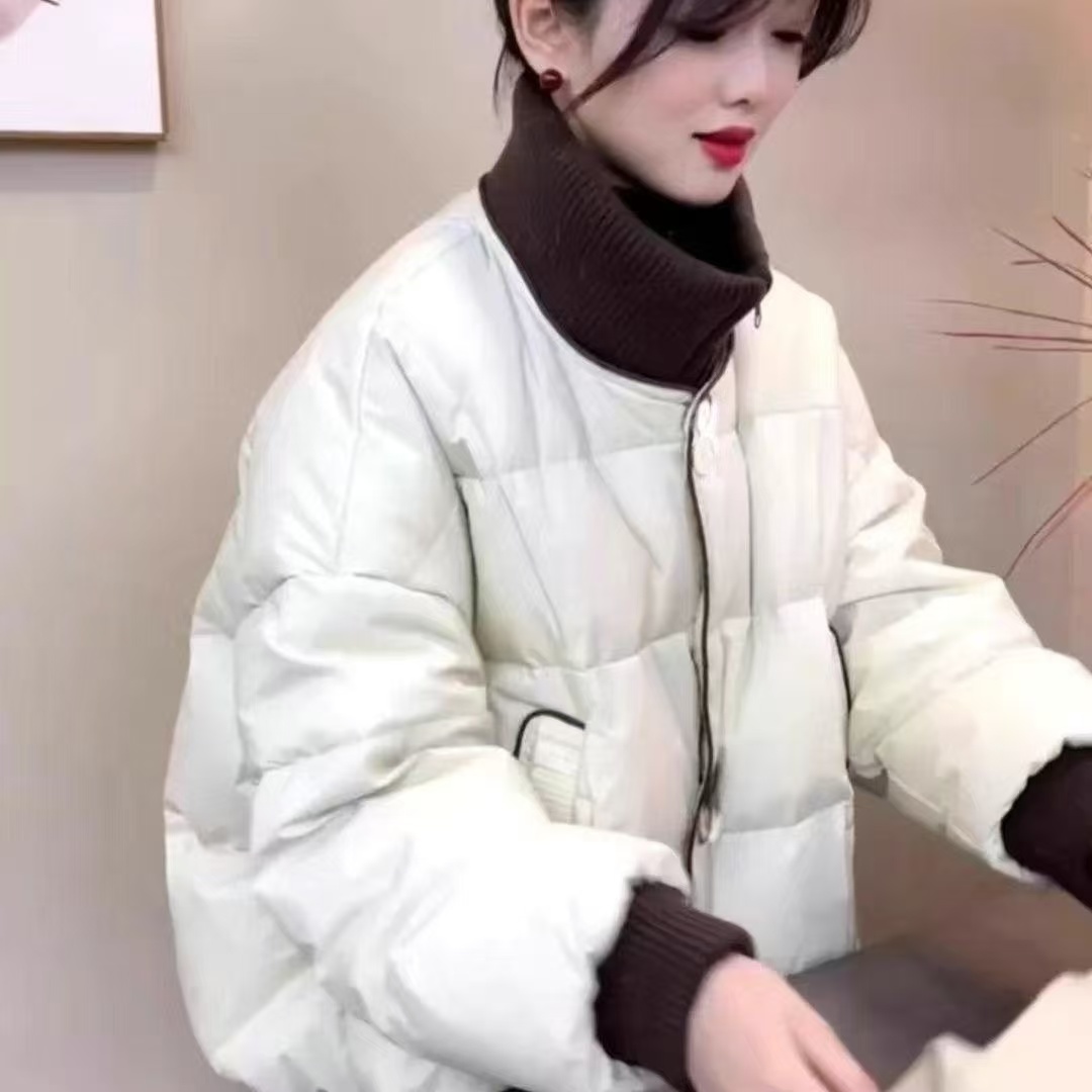 拼色棉服女2025针织立领新款拼接羽绒棉服冬季小个子短款棉衣外套