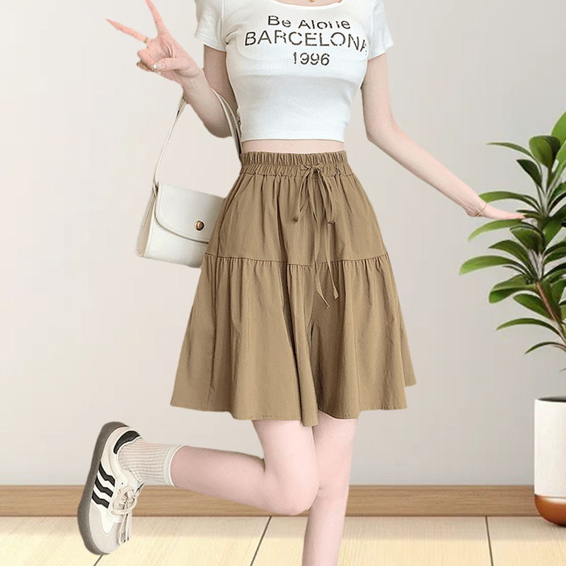 A字松紧高腰冰丝皱麻五分裤女夏季2025新款裙裤显瘦时尚阔腿短裤