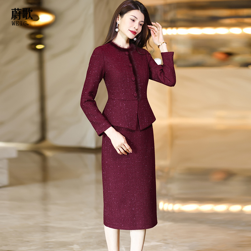 酒红色小香风包臀裙女冬新款时尚修身气质假两件酒红色连衣裙1861