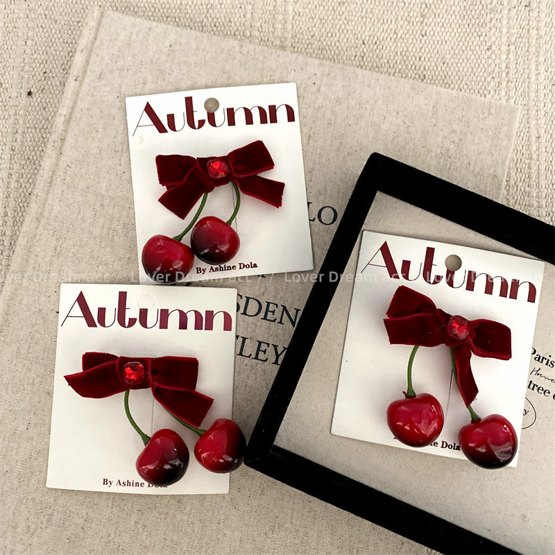 韩国新款甜美可爱新年红色丝绒蝴蝶结樱桃发夹碎发刘海夹发饰女