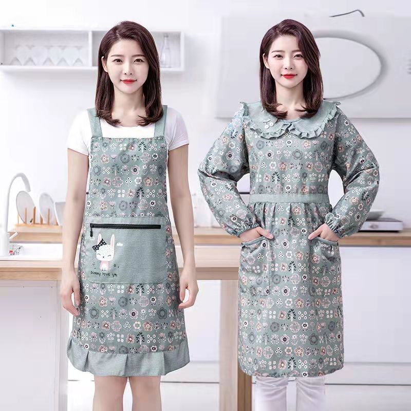 竹节棉布围裙罩衣长袖女上班干活防污耐磨帆布工作服厨房专用罩衣