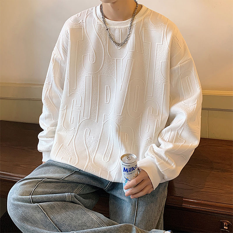 秋冬百搭华夫格卫衣男ins潮牌立体提花设计感内搭打底衫宽松休闲
