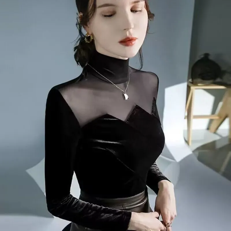 2024秋冬新款设计感时尚金丝绒拼接网纱打底衫女内搭洋气小衫上衣