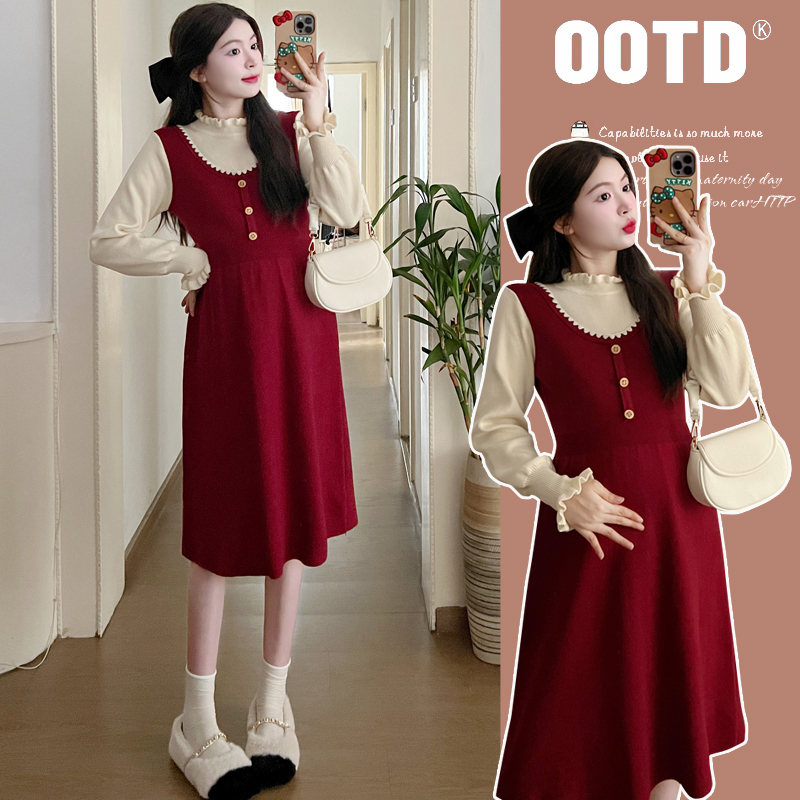 [雾都日记]秋冬高级感时尚百搭圣诞减龄孕妇装加厚打底毛衣裙
