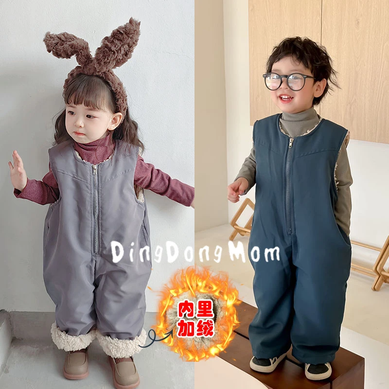男女童2024年秋冬新款纯色加绒工装连体裤儿童宽松洋气韩范连身衣