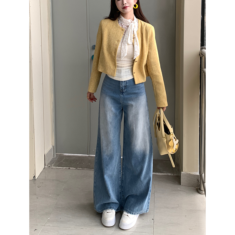 浅色高腰阔腿牛仔裤女2025秋季新款设计感磨白宽松显瘦拖地裤子