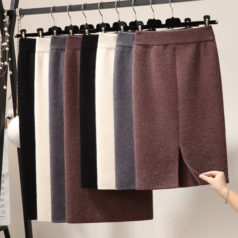 开叉包臀针织半身裙女秋冬中长款a字显瘦高腰小个子直筒一步长裙