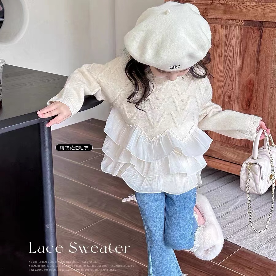 宝宝洋气花边白色毛衣2025秋冬装新款加厚保暖针织衫儿童套头上衣
