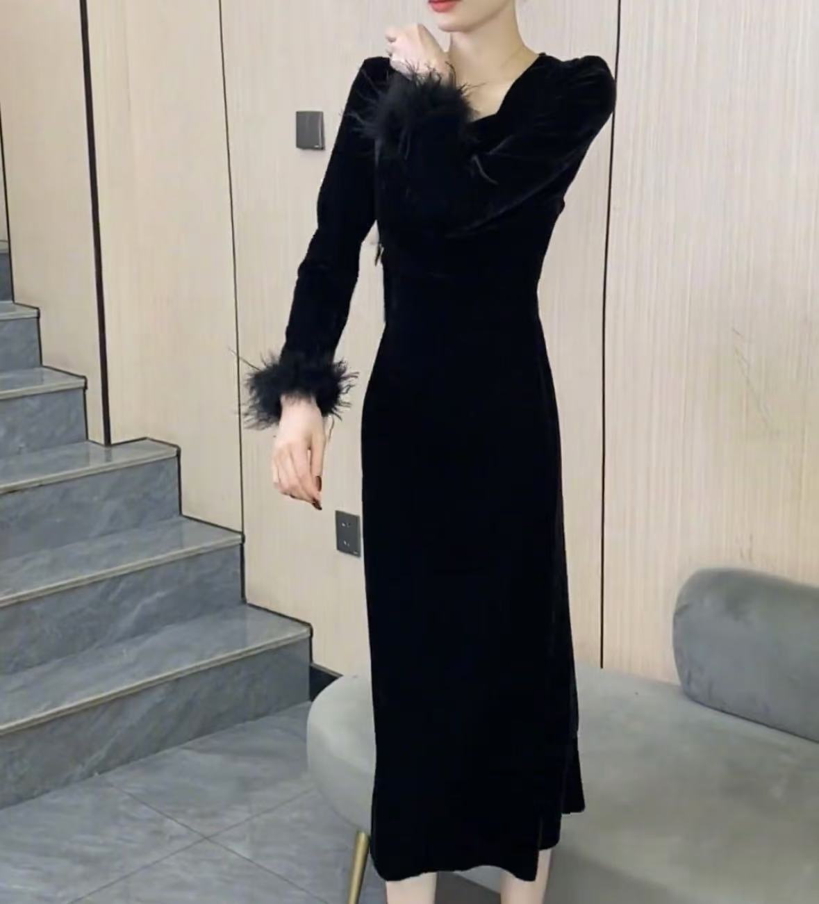 连衣裙显瘦气质长袖黑色修身名媛时尚小黑裙法式长款赫本风裙子女