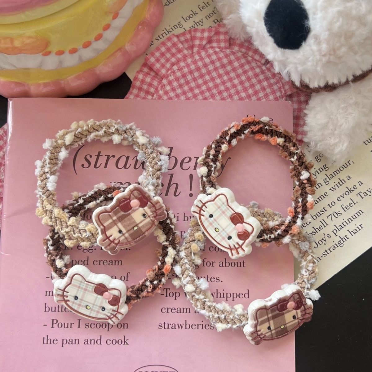 日系可爱咖色格纹kt猫发圈新款ins少女心可爱百搭刘海卡通头饰女