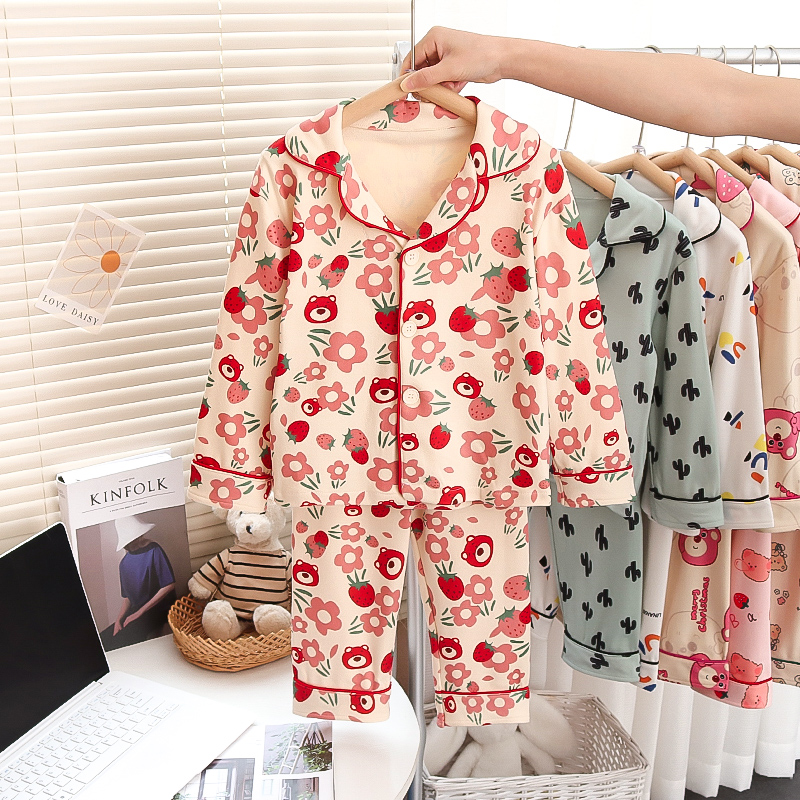 秋冬中大童薄绒卡通睡衣男童女童长袖可爱开衫家居服宝宝两件套潮