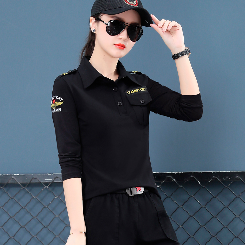 迷彩长袖t恤女春秋新款时尚翻领条纹休闲大码水兵舞服装黑色上衣