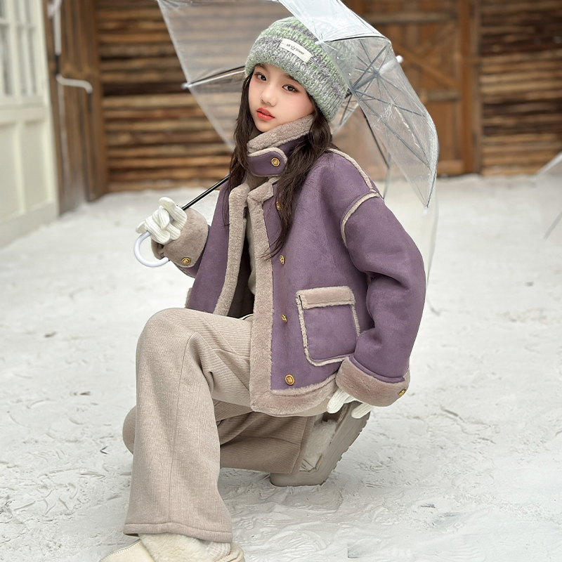 女童秋冬款皮毛一体外套2024新款大童加绒加厚冬季装儿童洋气女孩