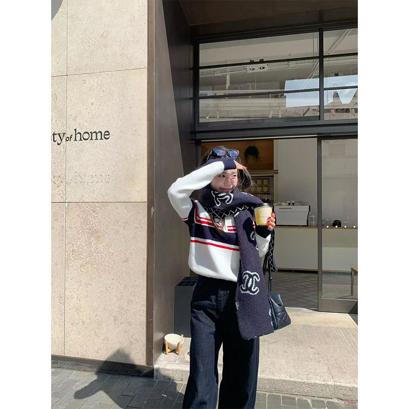 秋季新款美式时尚半开领设计撞色长袖针织上衣高腰显瘦直筒长裤女