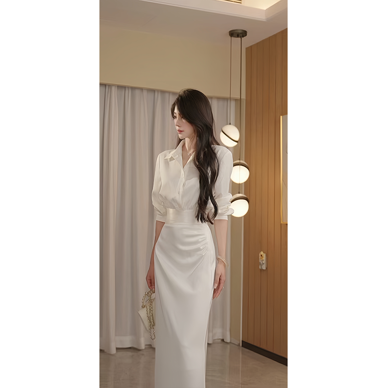 2025秋季新款女神轻熟风穿搭白色轻奢高级白色衬衫时尚百搭鱼尾裙