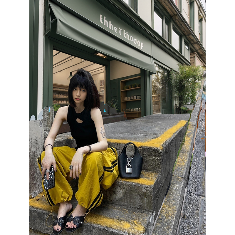 【清纯酷妹】小个子黑色显瘦修身背心上衣女2025夏季高腰宽松束脚裤