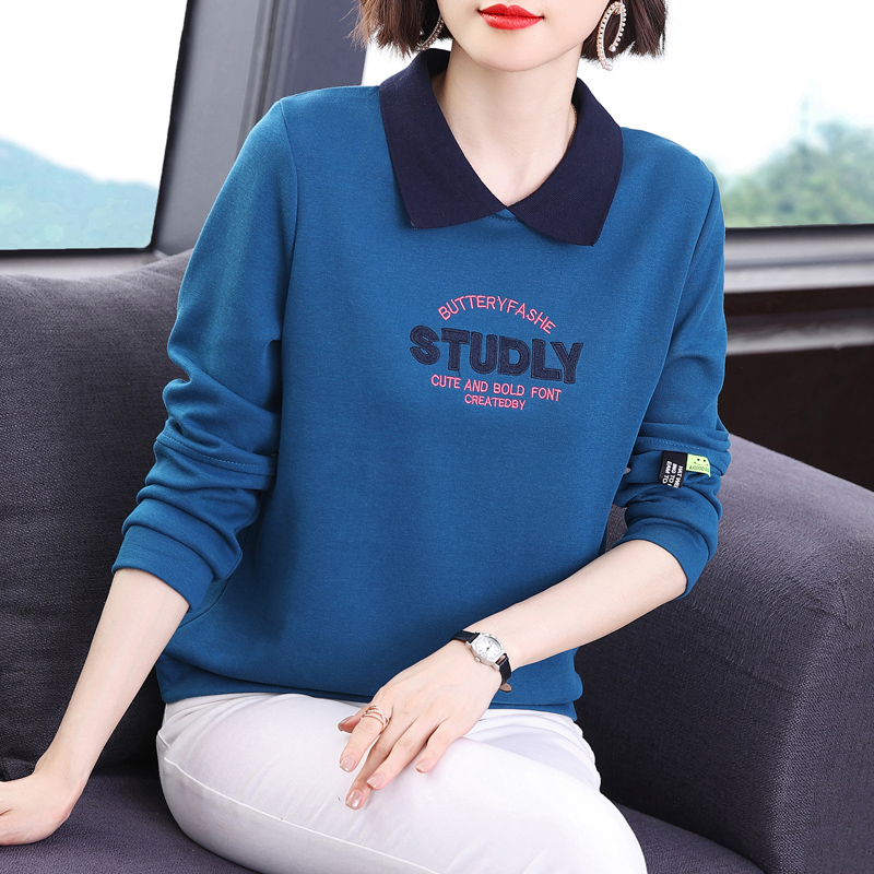 中年妈妈翻领长袖卫衣女士韩版薄款春秋装宽松遮肚子休闲有领上衣