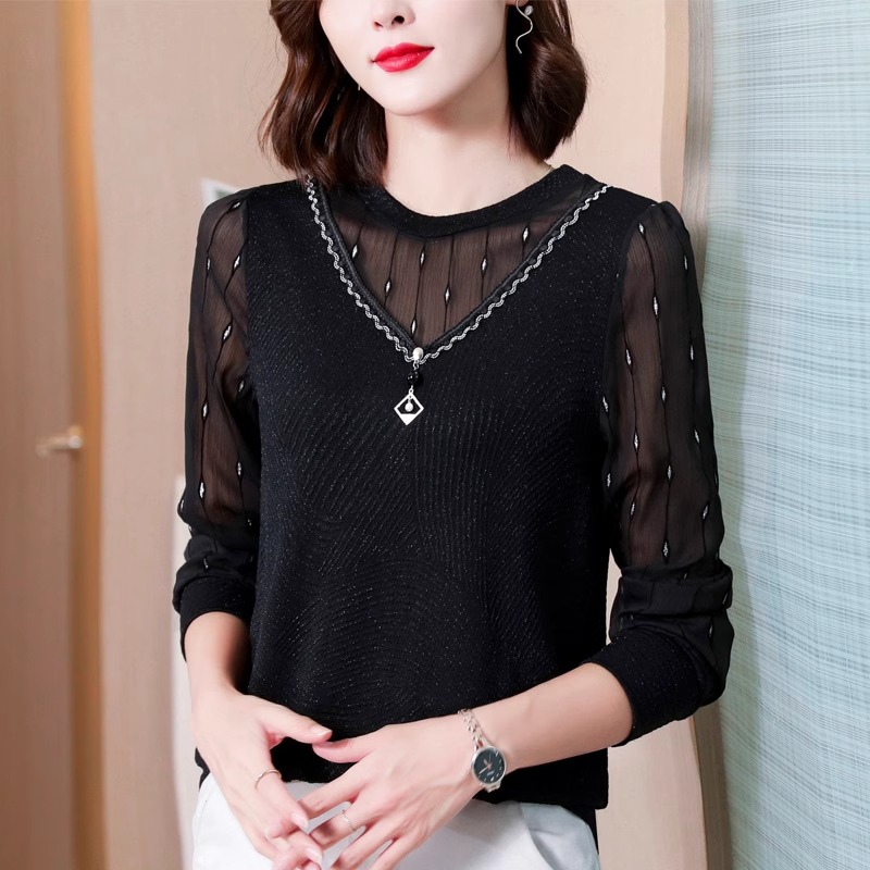 妈妈春秋装时尚洋气长袖t恤女中年上衣女遮肚子蕾丝加绒打底小衫