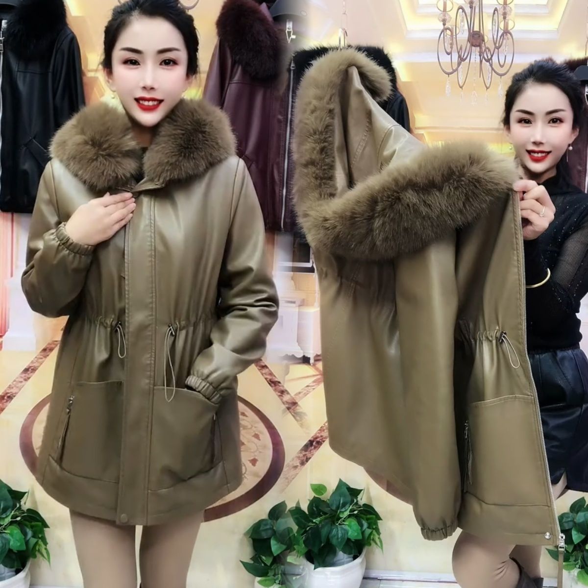 连帽毛领冬季皮衣外套女中长款加绒加厚显瘦秋冬休闲大码