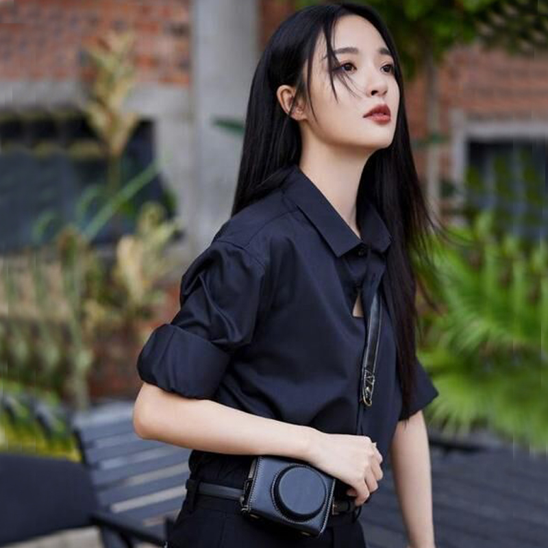 早秋气质黑色衬衫女款外穿高级感时尚百搭小众轻奢衬衣小个子职业