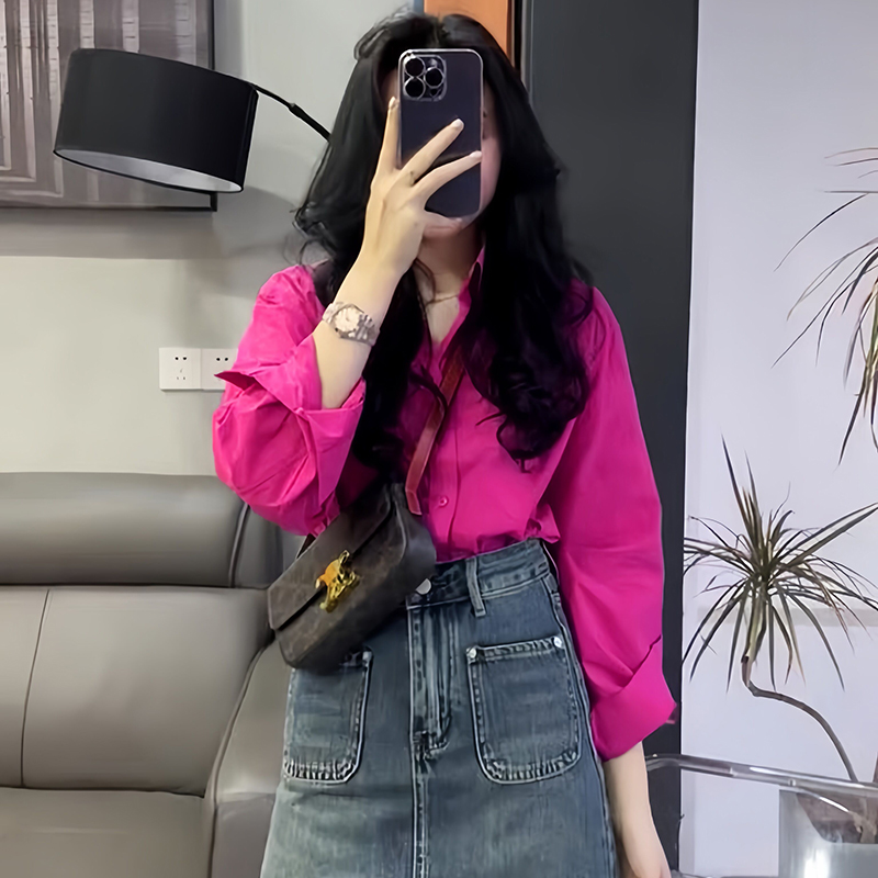 网红时尚衬衫女款外穿高级感火龙果色气质长袖纯棉衬衣设计感上衣