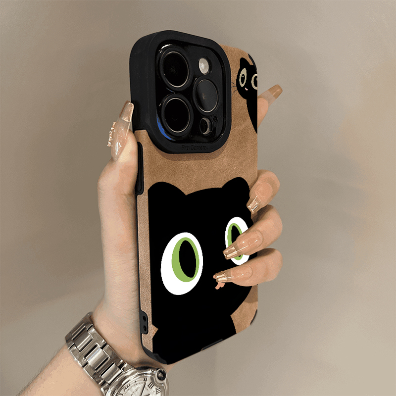 BANCA翻毛皮大眼黑猫适用苹果16pro手机壳iPhone15高级感14可爱13
