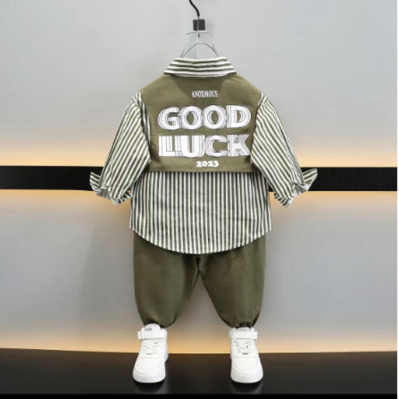 11445男童秋款竖条棉布套装两件套（衬衫+裤子）