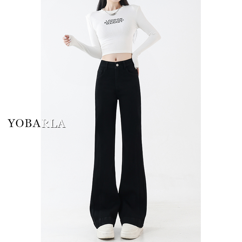 黑色高腰微喇牛仔裤女冬季加绒胖mm大码显瘦梨形身材弹力马蹄裤子