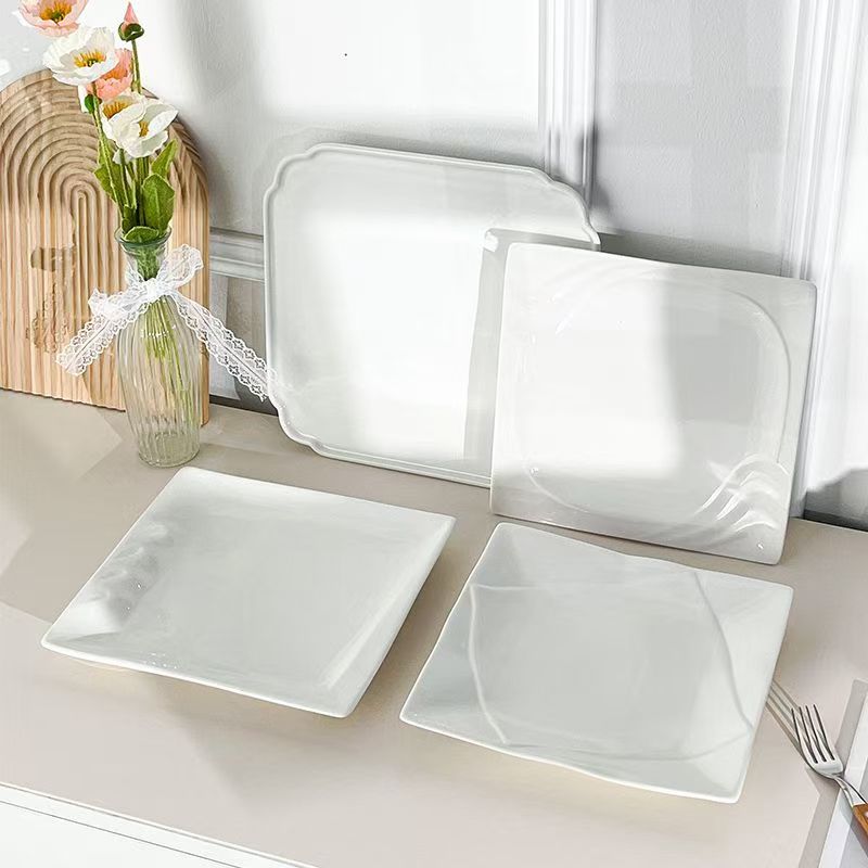 饭店炒菜盘陶瓷正方盘餐厅牛排盘创意酒店商用热菜盘白瓷盘子