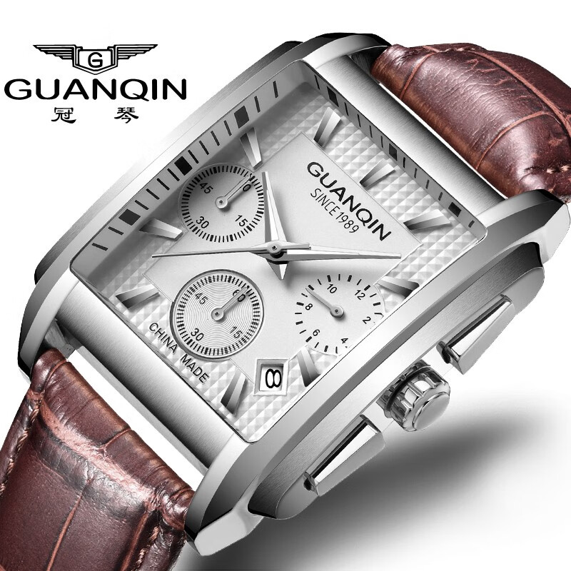 冠琴长方形手表男士时尚潮流防水夜光真皮多功能计时男表石英表