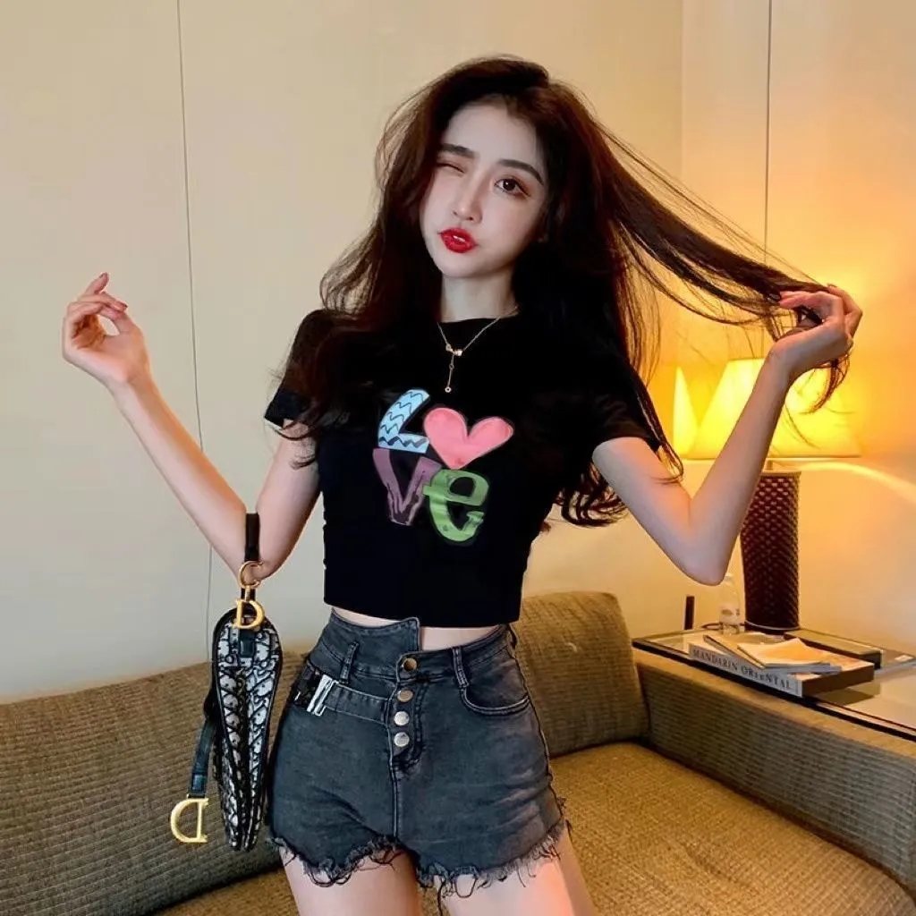 【纯棉】黑色t恤女新款辣妹子显腰显廋露肚脐短款显瘦上衣洋气ins