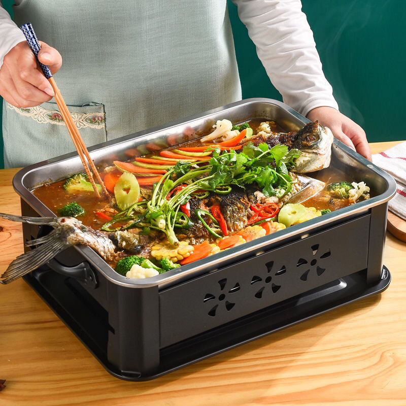 加厚不锈钢烤鱼炉酒精炉商用木炭烤鱼炉长方形家用碳烤架子烤鱼盘