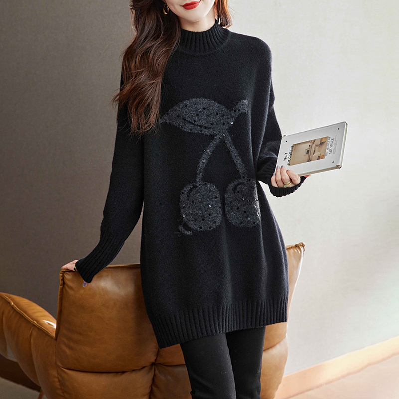 秋冬爆款加厚半高领毛衣女宽松大码中长款遮肚子针织衫黑色打底衫