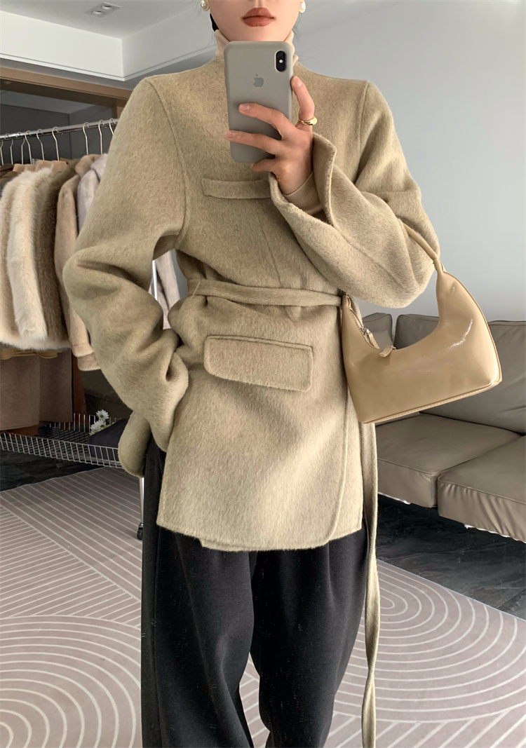 清仓2025新款羊毛大衣侧开叉v领系腰带慵懒风中款双面羊毛大衣女