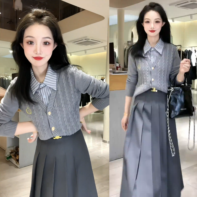 秋冬洋气减龄百搭时尚假两件针织上衣西装百褶半身裙时尚两件套装