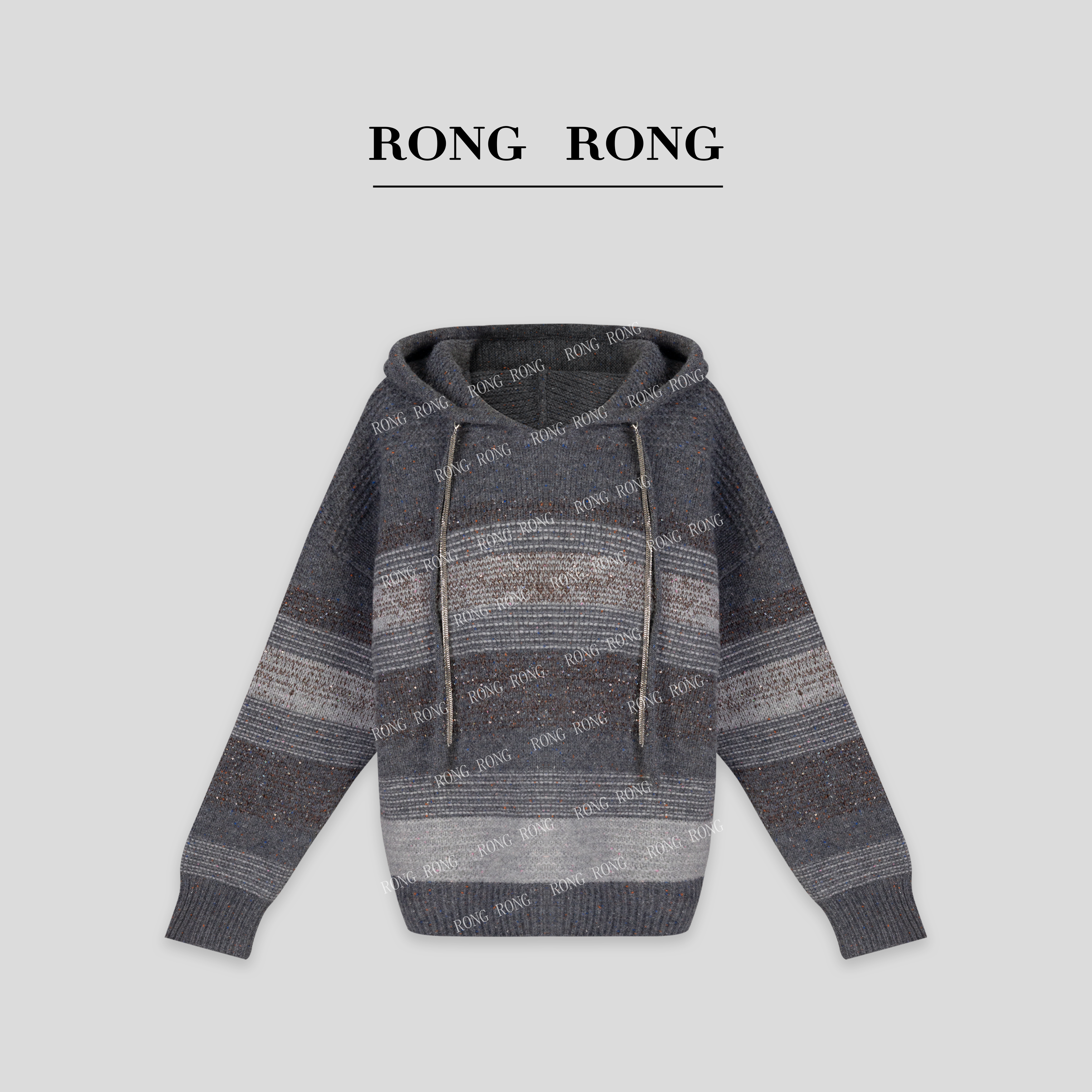 溶溶【星彩雾光】RONGRONG 绵羊毛混纺珠片纱条纹连帽羊毛衫S3151