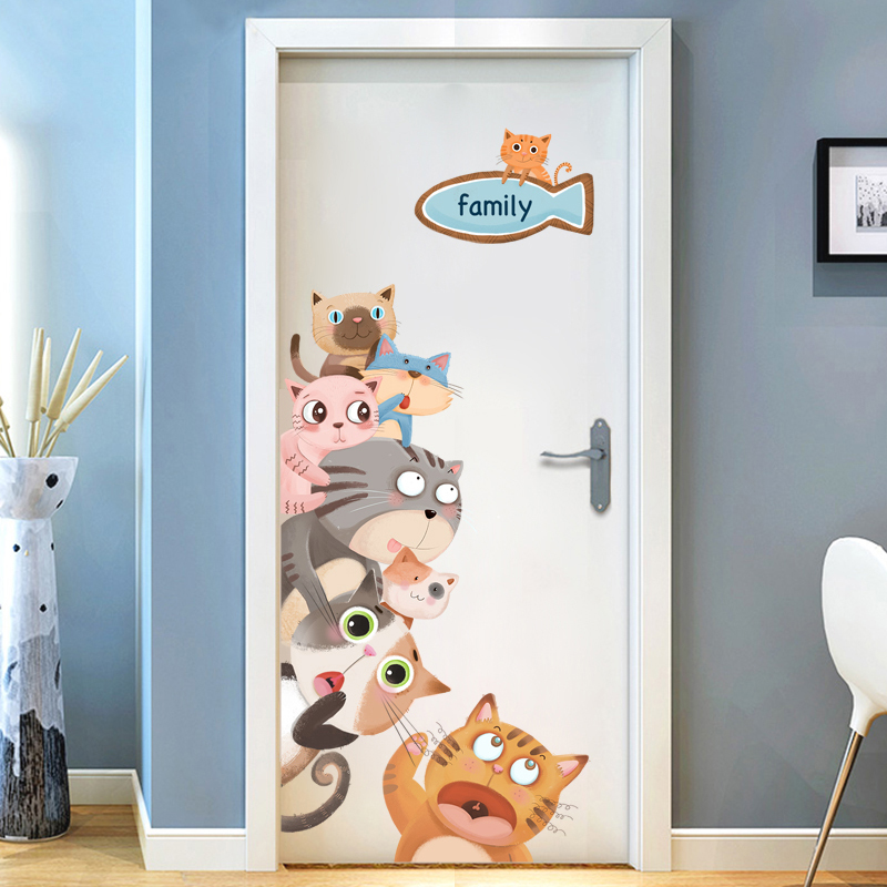 创意个性儿童房可爱猫咪墙贴卧室墙面装饰门贴自粘墙纸贴画门贴纸