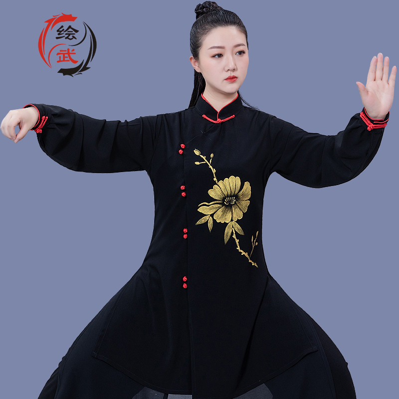 绘武【锦夕】高端太极拳女练功服重工手绘斜襟武术表演服飘逸长款