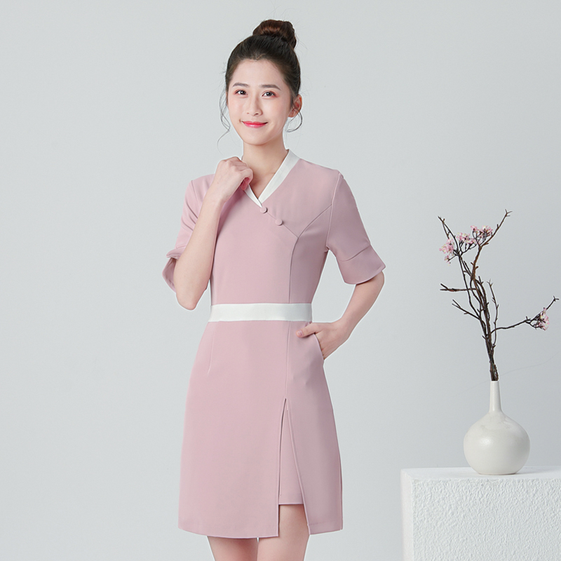 新款美容院足浴会所按摩技师服养生spa足疗美容师工作服夏连衣裙