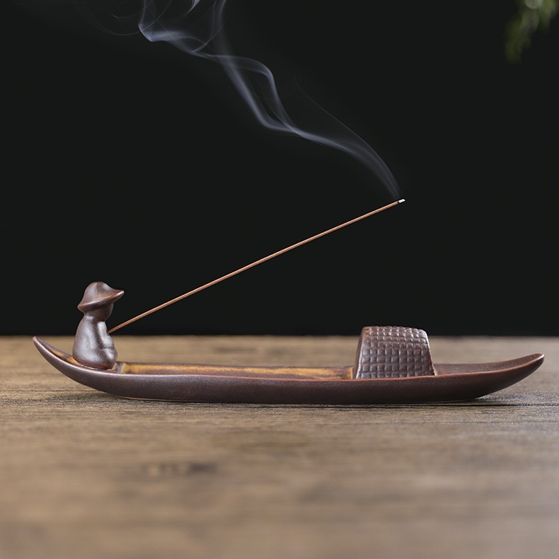 创意孤舟蓑笠翁陶瓷香插香炉家用室内禅意熏香沉香檀香卧香炉摆件