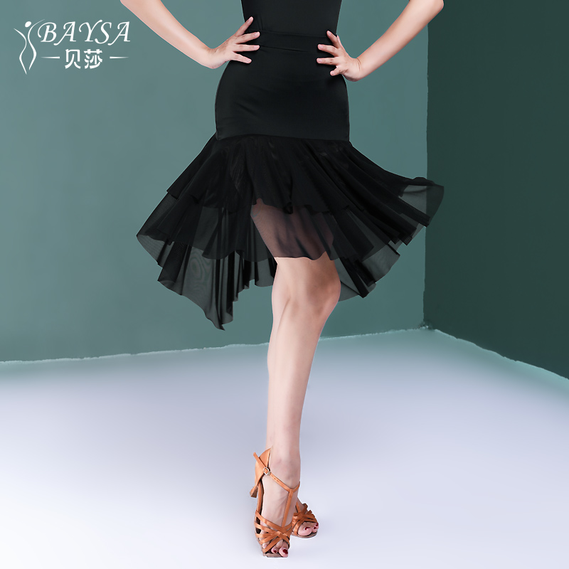 贝莎拉丁舞裙新款女成人半身裙黑色不规则舞蹈服装Y19-148L网纱