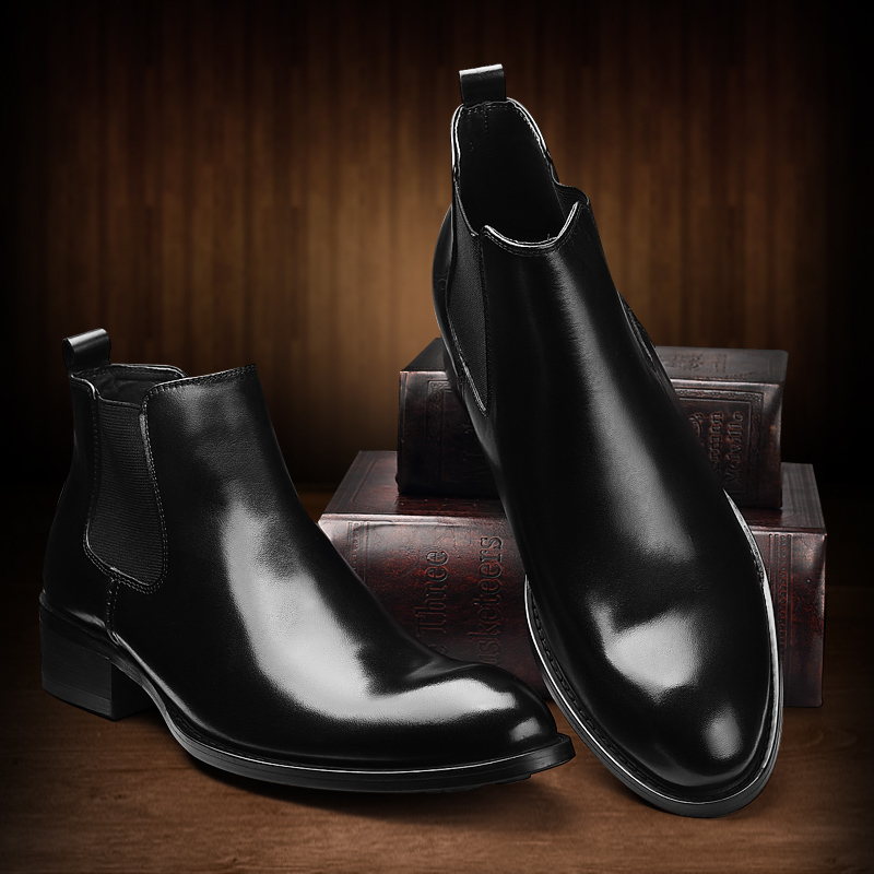 VQGT冬季英伦高帮皮鞋尖头男短靴真皮男靴马丁靴切尔西靴加绒皮靴