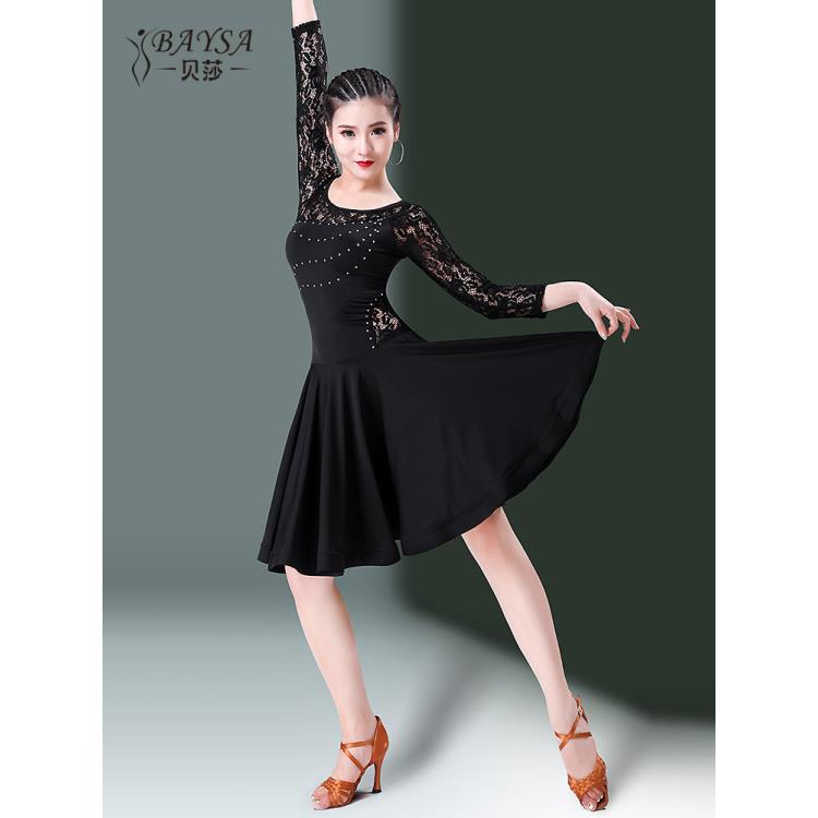 贝莎拉丁舞服装女成人新款演出性感蕾丝烫钻舞蹈练功连衣裙L011
