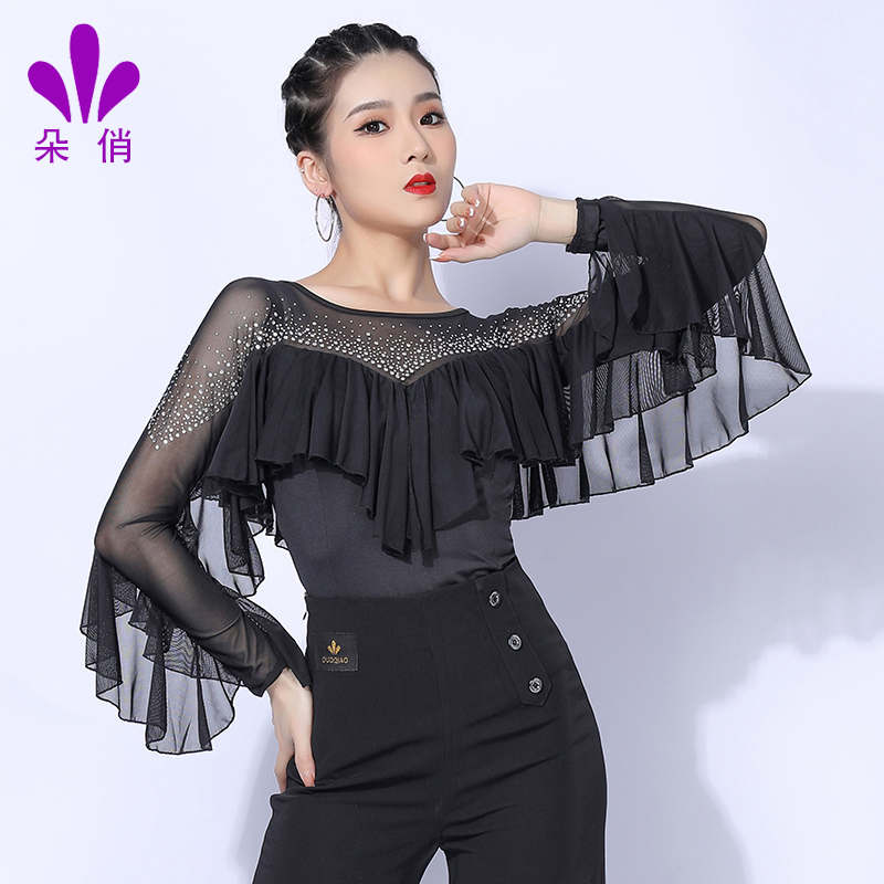 朵俏拉丁舞服长袖上衣练功服女成人专业表演服装秋季新款舞蹈服装