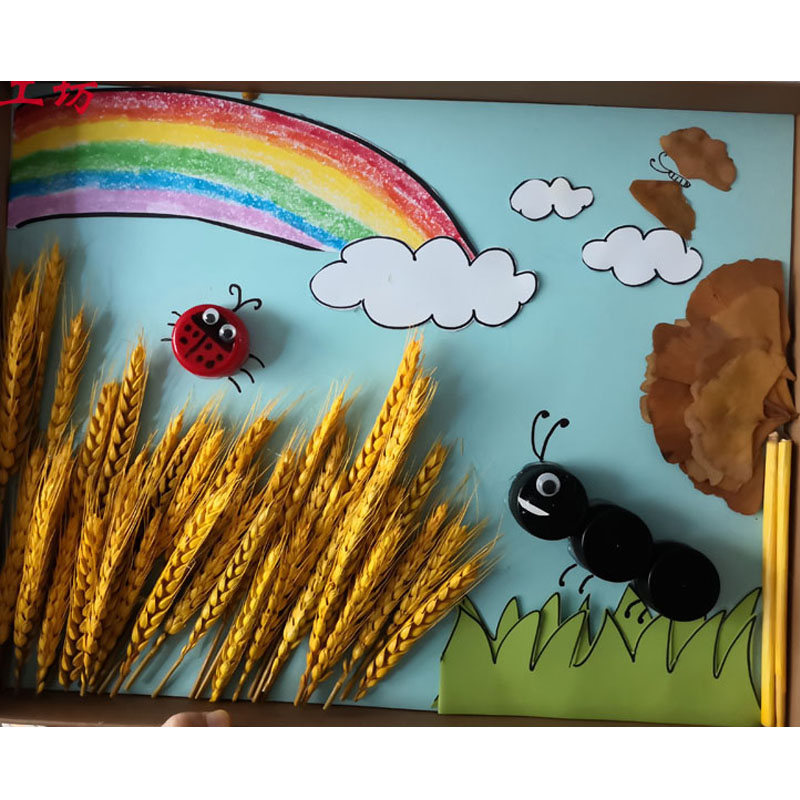鞋盒盖画变废为宝 废旧利用环保手工 树叶画 麦穗贴画 瓶盖画丰收