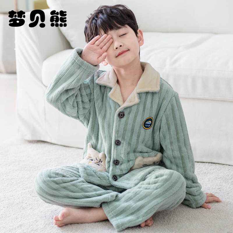 儿童睡衣男孩子秋冬季珊瑚绒加厚加绒中大童男童法兰绒家居服新款