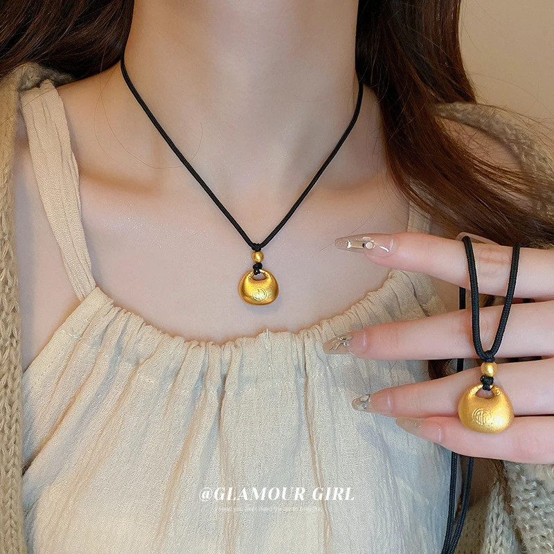 合金项链 新中式小胖福锁项链黑绳福字项链新中式项链