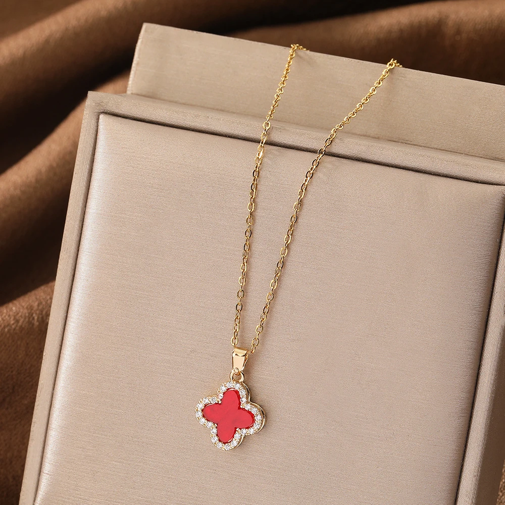 合金项链 四叶草项链时尚ins幸运双面贴钻吊坠女秋冬毛衣链锁骨链