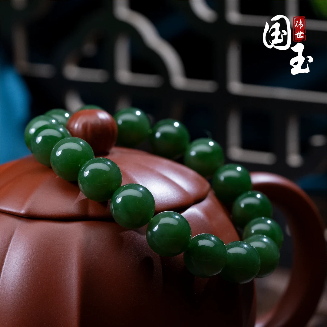 国玉天工【国玉】天然和田玉碧玉手串绿色菠菜绿60016910