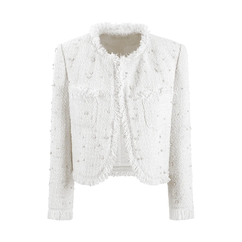 MAGGIE MA 马婧设计师款秋冬初雪白纯净流苏珍珠小香风外套600C